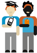 Illustration von zwei Studierenden, die mit ihren Mobiltelefonen in EconBiz recherchieren